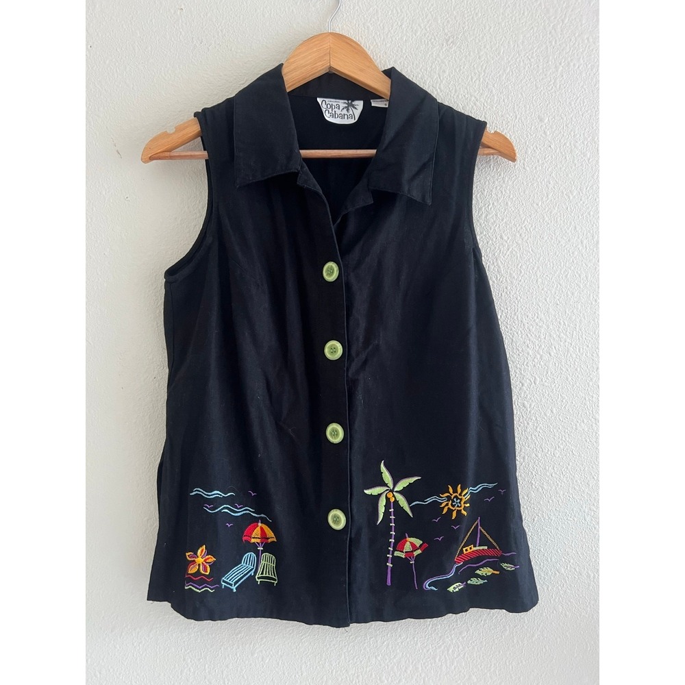 Copa Cabana Linen Blend Embroidered Button Up Top Small Boho Artsy Summer